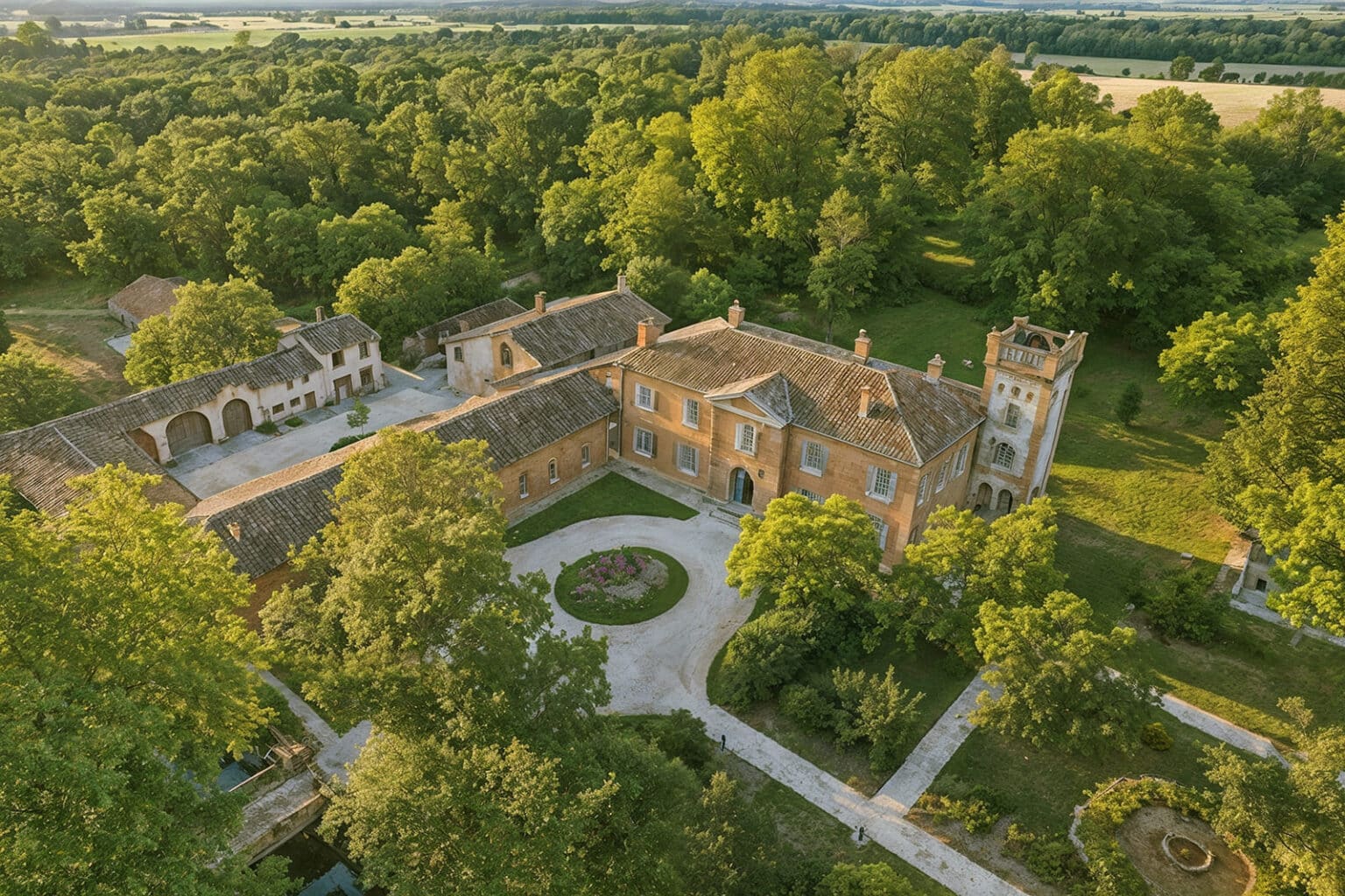 vue du ciel du lieu ou se déroule le salon du mariage